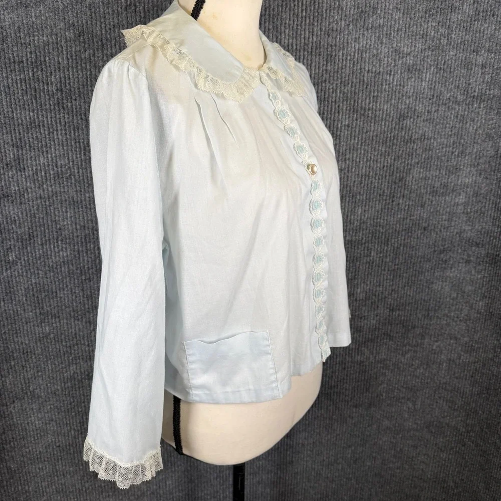 VTG 50s 60s Bed Jacket Sz M Blue Lace Trim Peter Pan Collar Embroidered Coquette